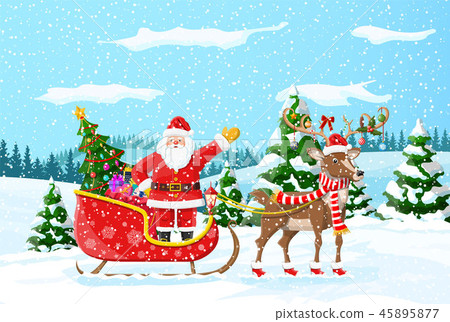 Christmas santa claus rides reindeer sleigh. Christmas santa claus rides reindeer sleigh. 45895877