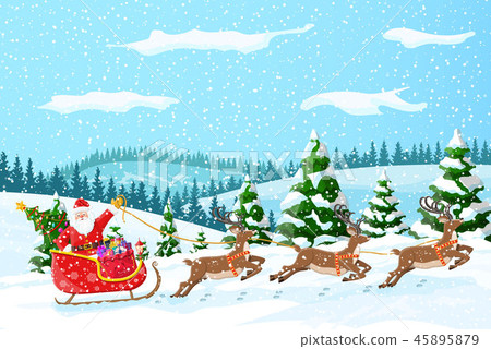 Christmas santa claus rides reindeer sleigh. 45895879