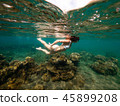 Split underwater photo of a girl snorkeling with mask in tropical ocean enjoying summer vacation on 45899208
