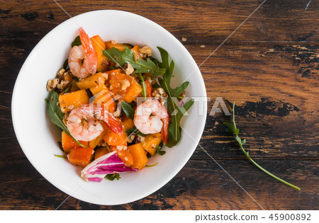 Light fruit salad with fried prawns, persimmon Light fruit salad with fried prawns, persimmon 45900892
