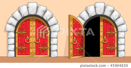 Medieval red wood gate decorated with wrought iron Medieval red wood gate decorated with wrought iron 45904830
