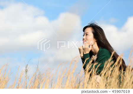 看距離的婦女在草甸 看距離的婦女在草甸 45907019