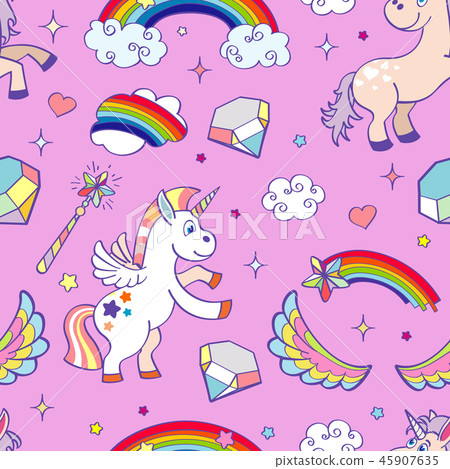 Pink vector hand drawn unicorns seamless pattern - Stock Illustration ...
