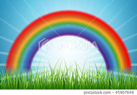 Bright rainbow blue sky with rising sun and green grass Bright rainbow blue sky with rising sun and green grass 45907649