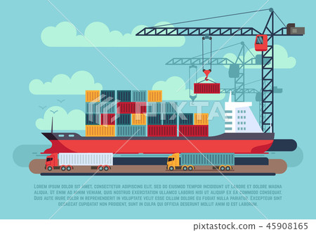 Transport cargo sea ship loading containers by harbor crane in shipping port vector illustration 45908165