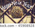Happy New Year card of winter view through window. 45908928