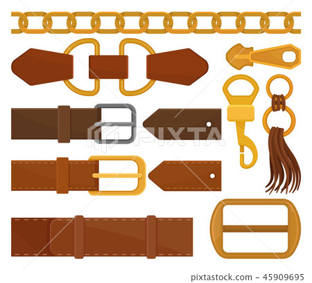 Flat vector set of different belt elements. Trendy leather waistbands, golden chain, zipper pull Flat vector set of different belt elements. Trendy leather waistbands, golden chain, zipper pull 45909695