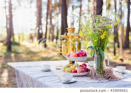 Table sitting with samovar, apples and flowers outdoors in the woods Table sitting with samovar, apples and flowers outdoors in the woods 45909981