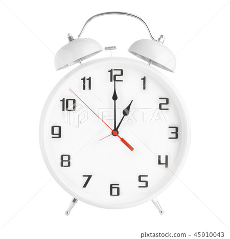 White alarm clock showing one o'clock isolated on white background White alarm clock showing one o'clock isolated on white background 45910043