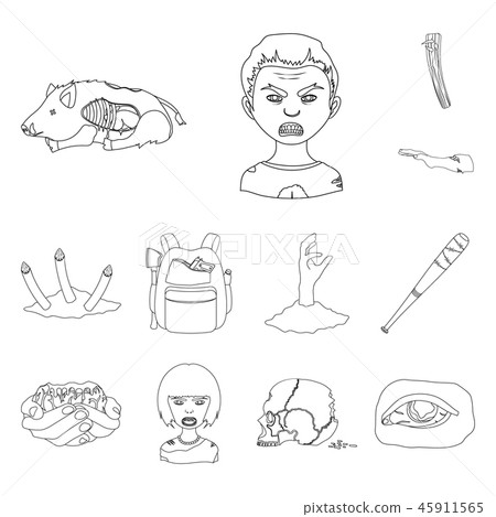 Zombies and Attributes outline icons in set collection for design. Dead man vector symbol stock web Zombies and Attributes outline icons in set collection for design. Dead man vector symbol stock web 45911565