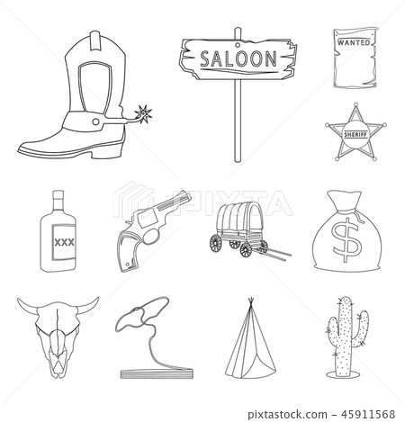 Attributes of the wild west outline icons in set collection for design.Texas and America vector Attributes of the wild west outline icons in set collection for design.Texas and America vector 45911568