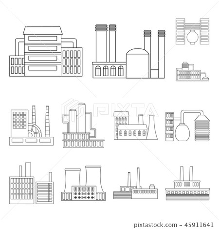 Factory and facilities outline icons in set collection for design. Factory and equipment vector Factory and facilities outline icons in set collection for design. Factory and equipment vector 45911641
