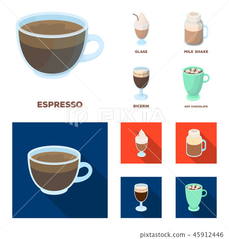 Esprecco, glase, milk shake, bicerin.Different types of coffee set collection icons in cartoon,flat 45912446