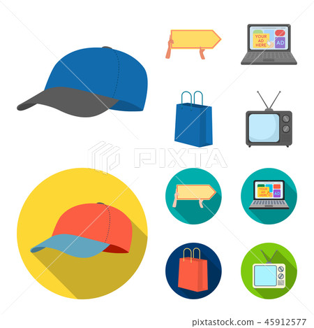 Baseball cap, pointer in hands, laptop, shopping bag.Advertising,set collection icons in cartoon 45912577