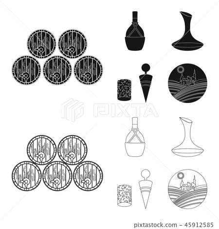A bottle of wine in a basket, a gafine, a corkscrew with a cork, a grape valley. Wine production set 45912585