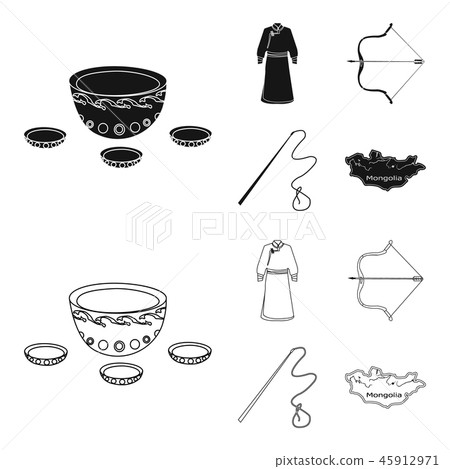 .mongol dressing gown, battle bow, theria on the map, Urga, Khlyst. Mongolia set collection icons in .mongol dressing gown, battle bow, theria on the map, Urga, Khlyst. Mongolia set collection icons in 45912971