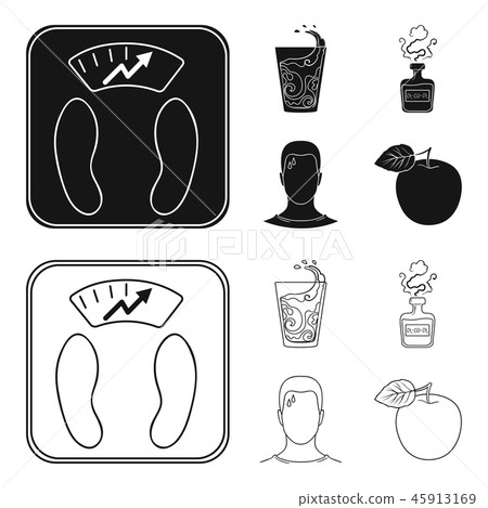 A glass of water, a bottle of alcohol, a sweating man, an apple. Diabeth set collection icons in A glass of water, a bottle of alcohol, a sweating man, an apple. Diabeth set collection icons in 45913169