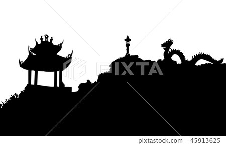 Ancient Buddhist temple and Dragon statue. Vector silhouette. Ancient Buddhist temple and Dragon statue. Vector silhouette. 45913625