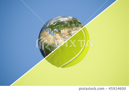 3d rendering of a sphere split in halves with a diagonal line, one half being planet Earth and the 45914600