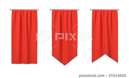 3d rendering of three rectangular red flags hanging vertically on a white background. 3d rendering of three rectangular red flags hanging vertically on a white background. 45914608