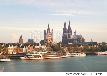Rhine River with cruise ship in morning at Cologne Rhine River with cruise ship in morning at Cologne 45917956