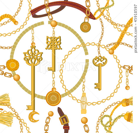 Fashion print with keys, chains, beads and coins. Fashion print with keys, chains, beads and coins. 45918597