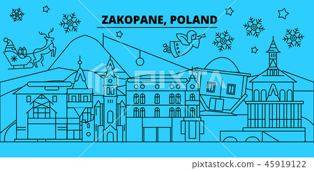 Poland, Zakopane winter holidays skyline. Merry Christmas, Happy New Year decorated banner with 45919122
