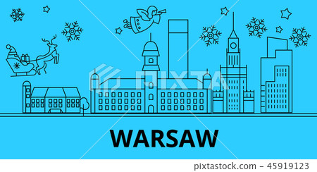 Poland, Warsaw city winter holidays skyline. Merry Christmas, Happy New Year decorated banner with Poland, Warsaw city winter holidays skyline. Merry Christmas, Happy New Year decorated banner with 45919123