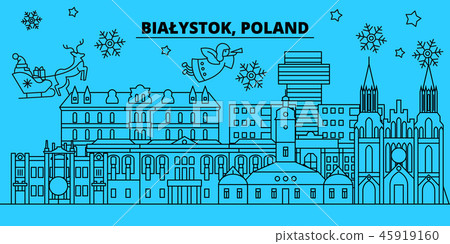 Poland, Bialystok winter holidays skyline. Merry Christmas, Happy New Year decorated banner with 45919160