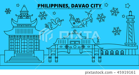Philippines, Davao City winter holidays skyline. Merry Christmas, Happy New Year decorated banner 45919161