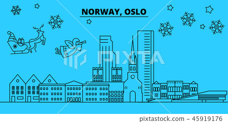 Norway, Oslo winter holidays skyline. Merry Christmas, Happy New Year decorated banner with Santa 45919176