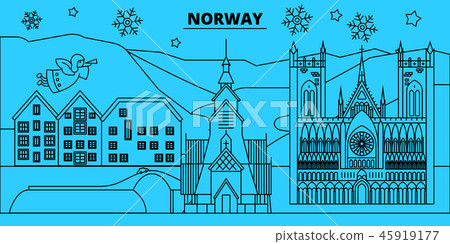 Norway winter holidays skyline. Merry Christmas, Happy New Year decorated banner with Santa Claus 45919177