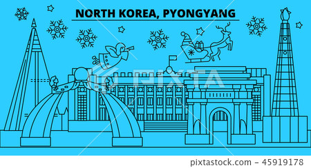 North Korea, Pyongyang winter holidays skyline. Merry Christmas, Happy New Year decorated banner 45919178