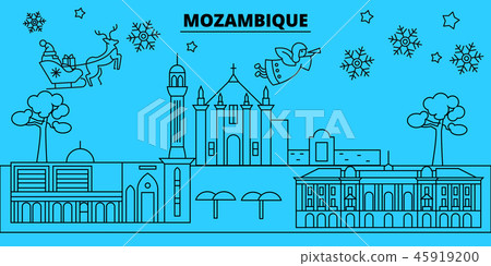 Mozambique winter holidays skyline. Merry Christmas, Happy New Year decorated banner with Santa Mozambique winter holidays skyline. Merry Christmas, Happy New Year decorated banner with Santa 45919200