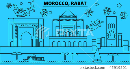 Morocco, Rabat winter holidays skyline. Merry Christmas, Happy New Year decorated banner with Santa Morocco, Rabat winter holidays skyline. Merry Christmas, Happy New Year decorated banner with Santa 45919201