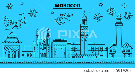 Morocco winter holidays skyline. Merry Christmas, Happy New Year decorated banner with Santa Claus Morocco winter holidays skyline. Merry Christmas, Happy New Year decorated banner with Santa Claus 45919202