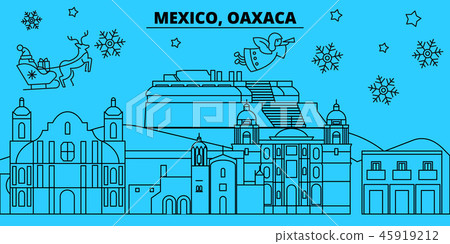 Mexico, Oaxaca winter holidays skyline. Merry Christmas, Happy New Year decorated banner with Santa 45919212