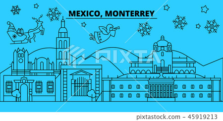 Mexico, Monterrey winter holidays skyline. Merry Christmas, Happy New Year decorated banner with 45919213