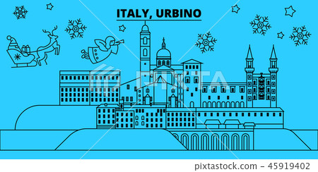 Italy, Urbino winter holidays skyline. Merry Christmas, Happy New Year decorated banner with Santa 45919402