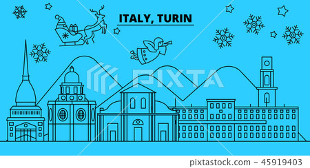 Italy, Turin winter holidays skyline. Merry Christmas, Happy New Year decorated banner with Santa Italy, Turin winter holidays skyline. Merry Christmas, Happy New Year decorated banner with Santa 45919403