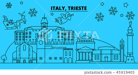 Italy, Trieste winter holidays skyline. Merry Christmas, Happy New Year decorated banner with Santa 45919405