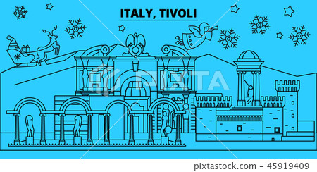 Italy, Tivoli winter holidays skyline. Merry Christmas, Happy New Year decorated banner with Santa 45919409