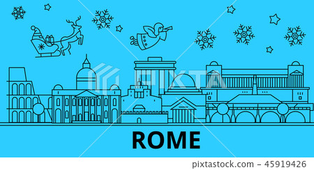 Italy, Rome winter holidays skyline. Merry Christmas, Happy New Year decorated banner with Santa Italy, Rome winter holidays skyline. Merry Christmas, Happy New Year decorated banner with Santa 45919426