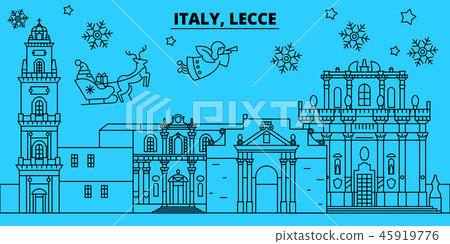 Italy, Lecce winter holidays skyline. Merry Christmas, Happy New Year decorated banner with Santa 45919776