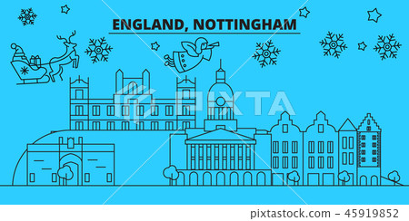 Great Britain, Nottingham winter holidays skyline. Merry Christmas, Happy New Year decorated banner 45919852