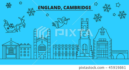 Great Britain, Cambridge winter holidays skyline. Merry Christmas, Happy New Year decorated banner 45919861