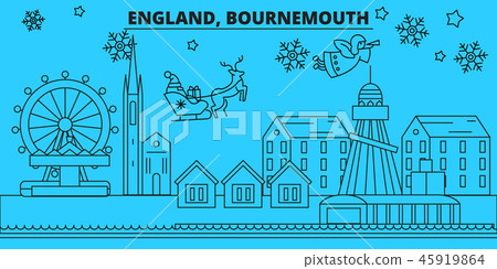Great Britain, Bournemouth winter holidays skyline. Merry Christmas, Happy New Year decorated banner 45919864