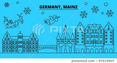 Germany, Mainz winter holidays skyline. Merry Christmas, Happy New Year decorated banner with Santa 45919905