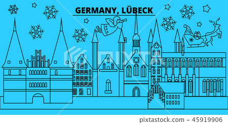 Germany, Lubeck winter holidays skyline. Merry Christmas, Happy New Year decorated banner with Santa 45919906