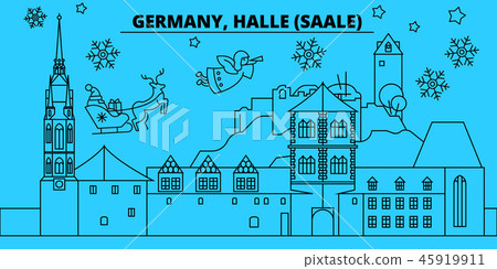 Germany, Halle Saale winter holidays skyline. Merry Christmas, Happy New Year decorated banner with Germany, Halle Saale winter holidays skyline. Merry Christmas, Happy New Year decorated banner with 45919911